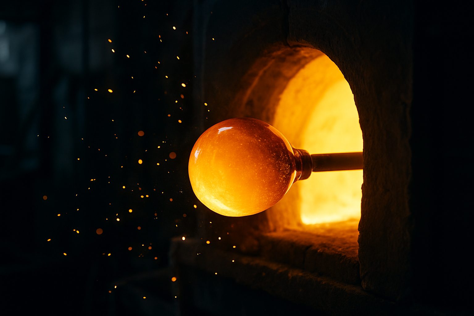 Molten glass glowing at the furnace mouth
