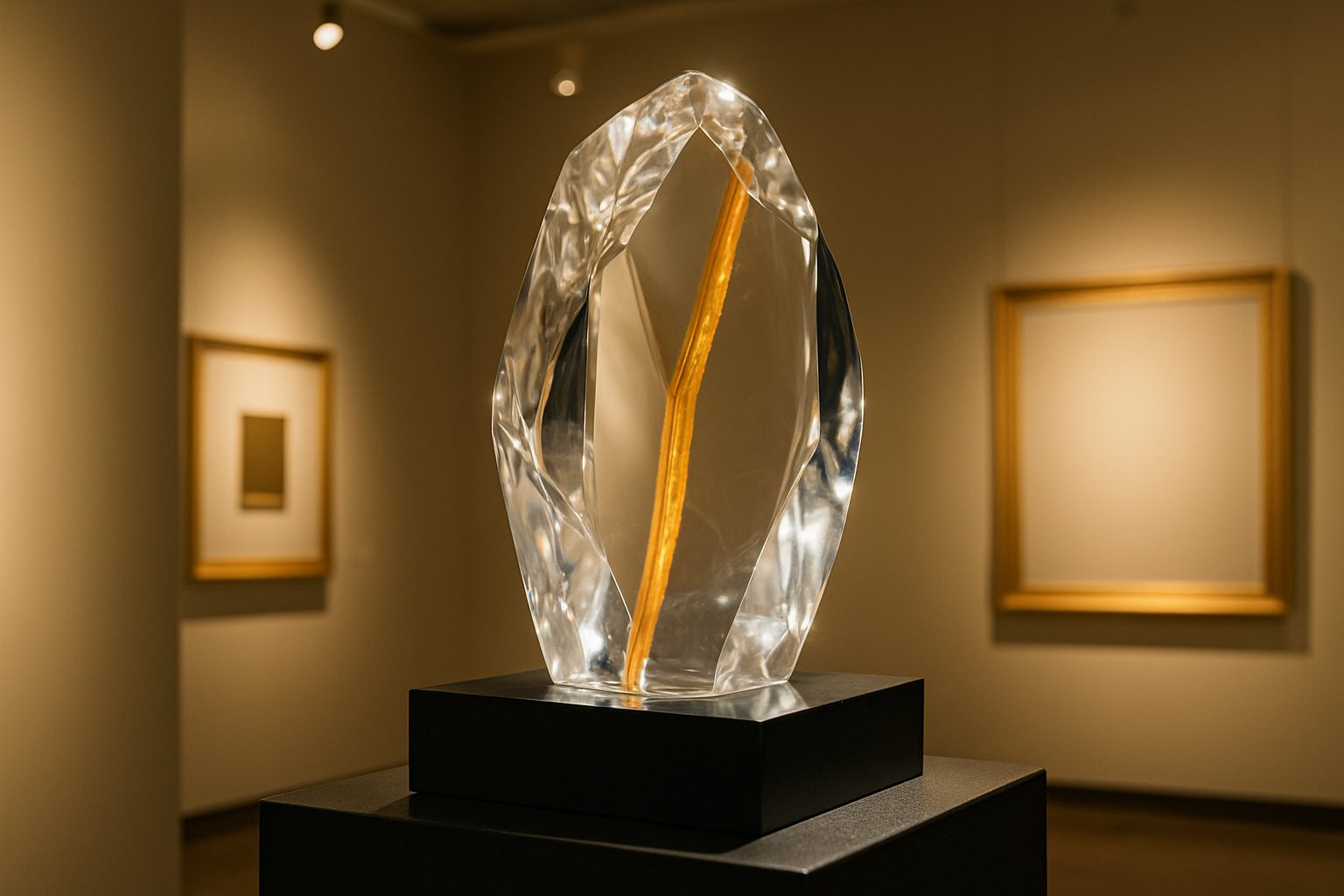 Amber line through clear crystal, gallery lit