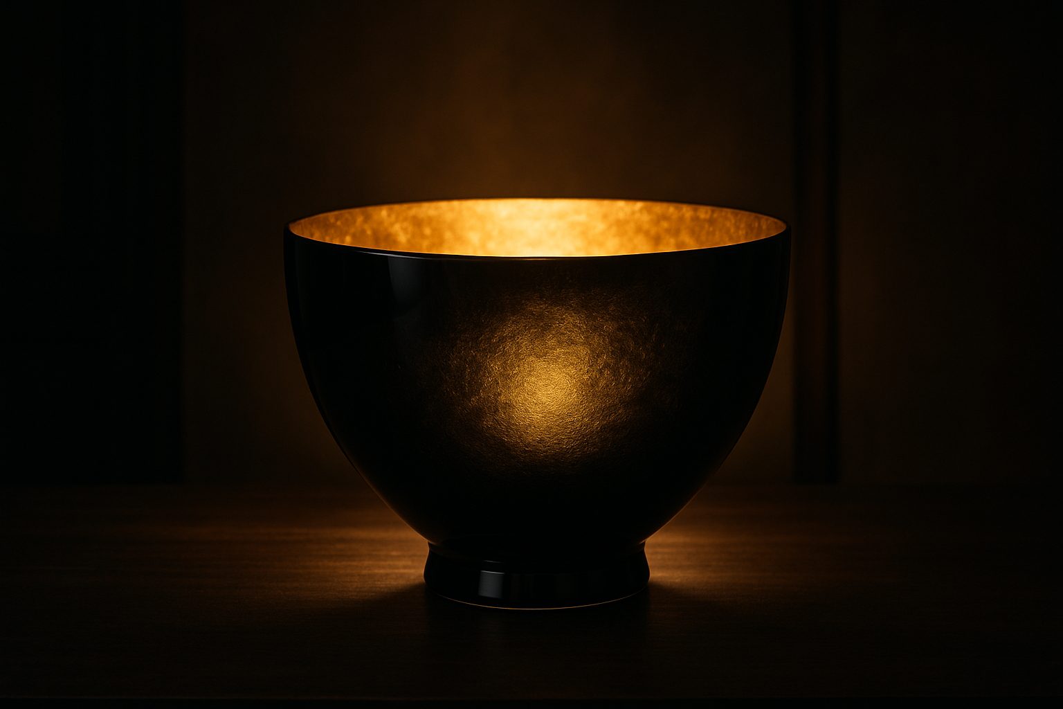 Black glass vessel with gold-leaf interior, lit from behind