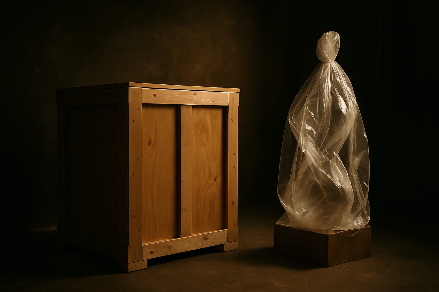 A commission crated for travel in the atelier